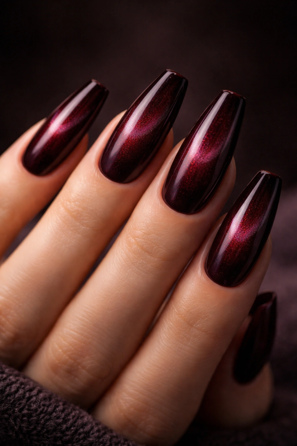 Close-up of velvet merlot coffin nails with soft halo shimmer on dark nails