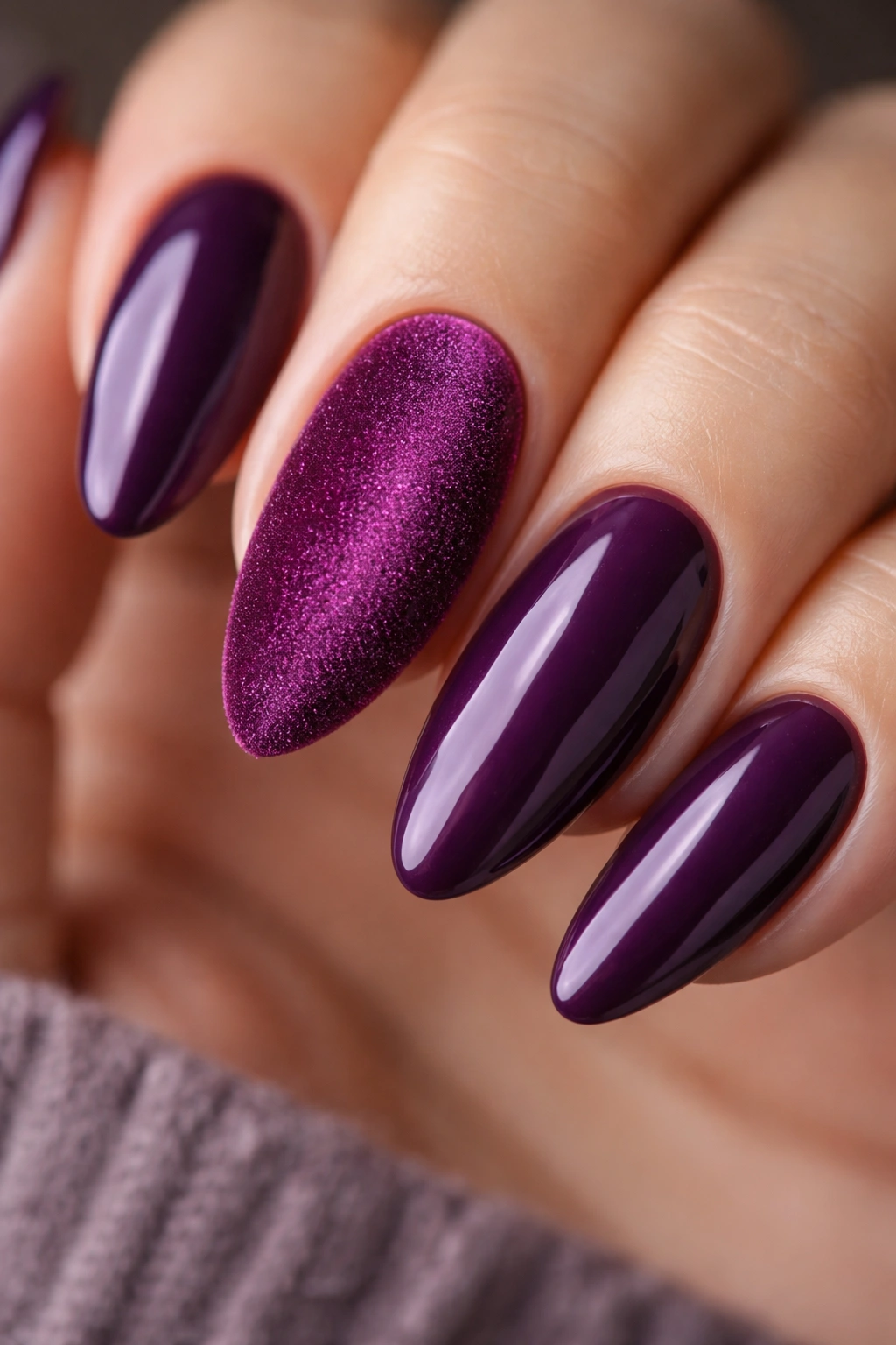 Almond nail with velvet mulberry accent nail beside glossy purple nails.