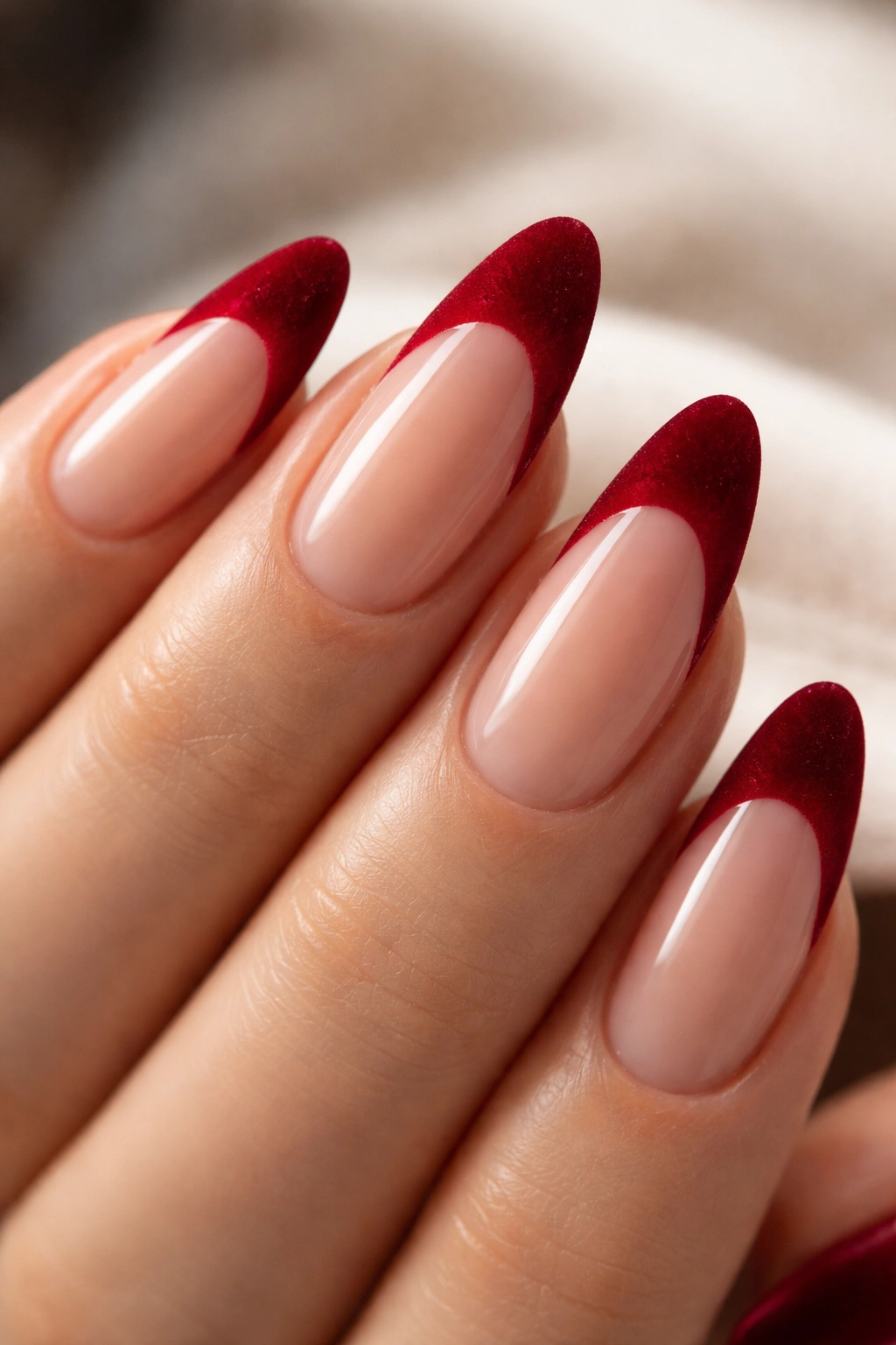 Almond nails with velvet cherry red tips.