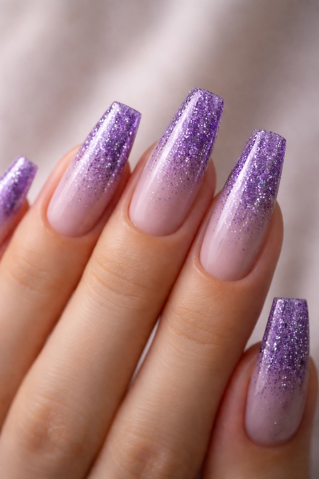 Close-up of violet glitter fade coffin nails with gradient glitter