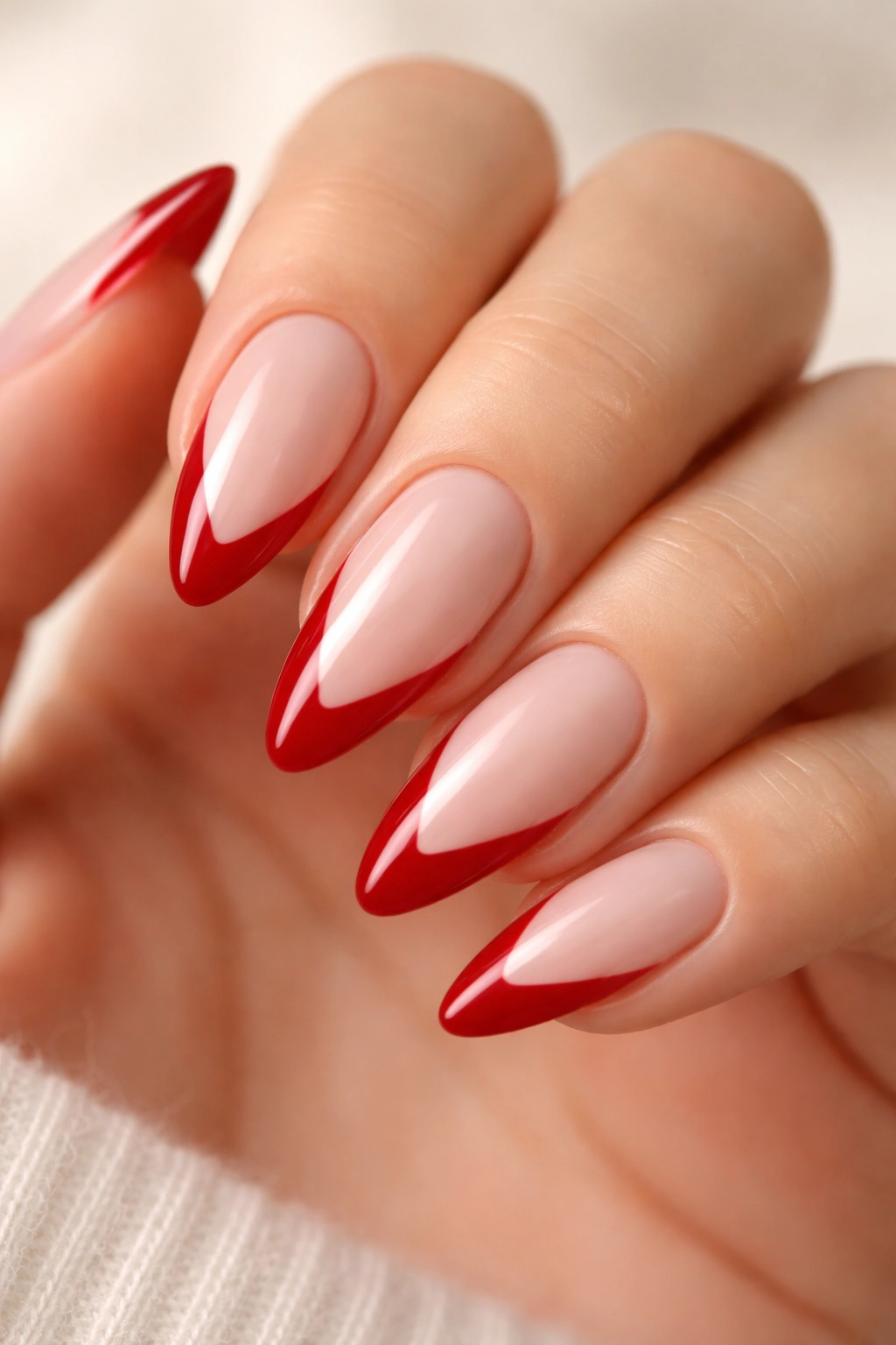 Macro close-up of almond nails with milky base and sharp V-shaped cherry red tips.
