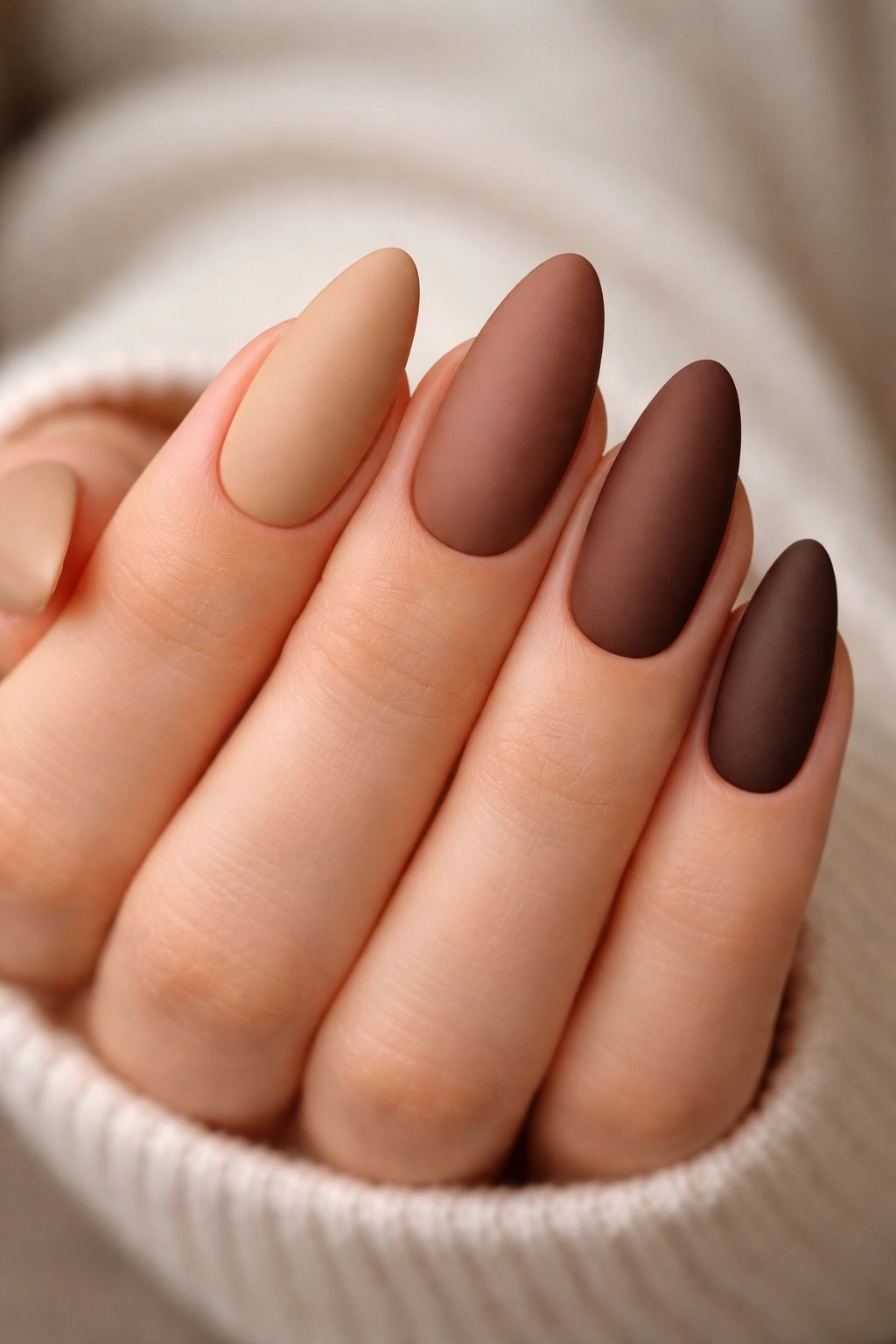 Almond nails in a warm brown gradient from light to dark with matte finish