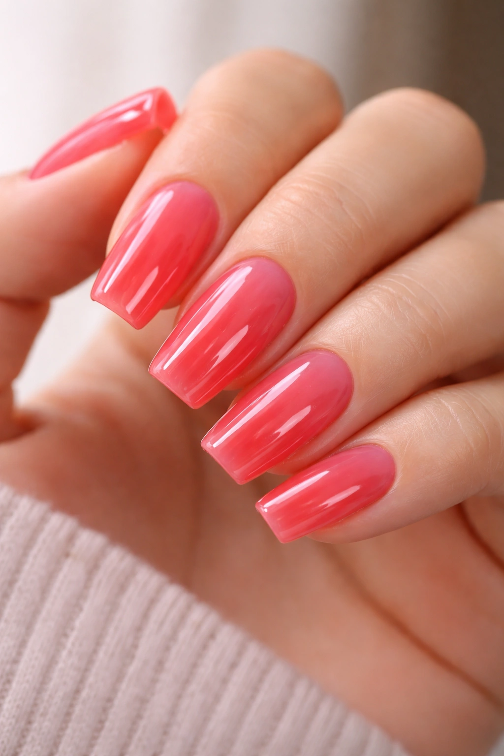 Watermelon jelly coffin nails with translucent depth on short to medium length