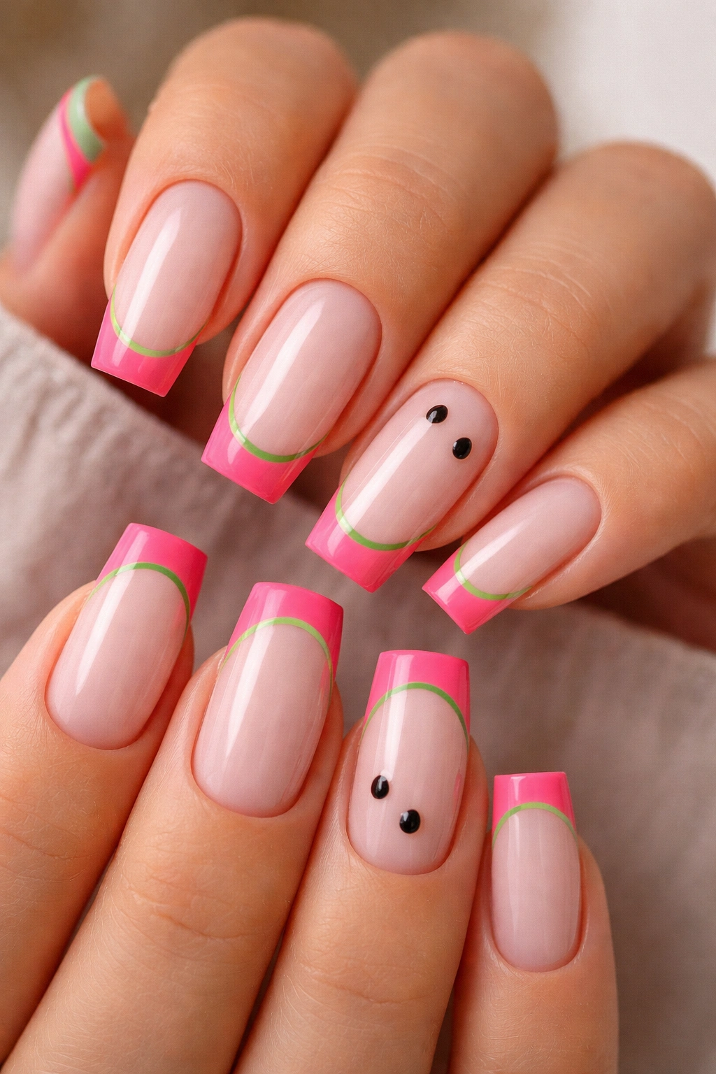 Close-up of coffin nails with watermelon pink tips and slim green edge on milky base, with two seed accents.