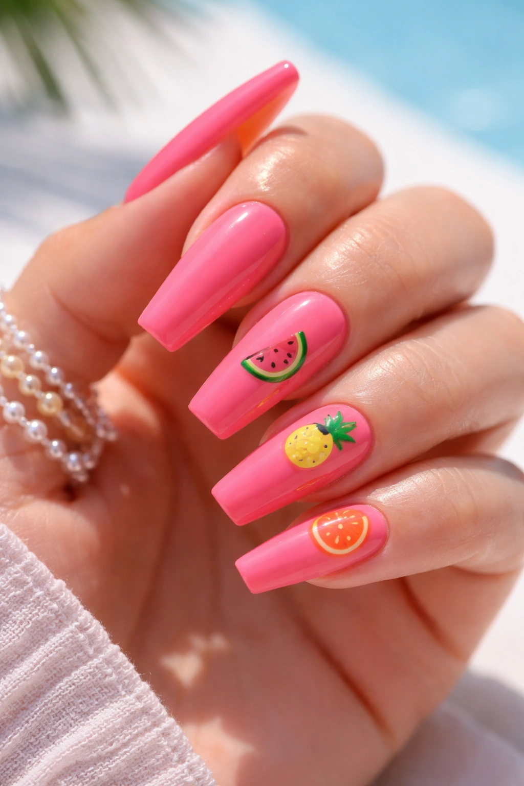 Close-up of watermelon pink coffin nails with tiny fruit accents on several nails.