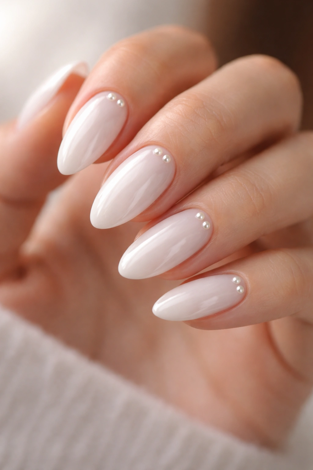 Close-up of glossy white almond nails with tiny pearl accents near the cuticle