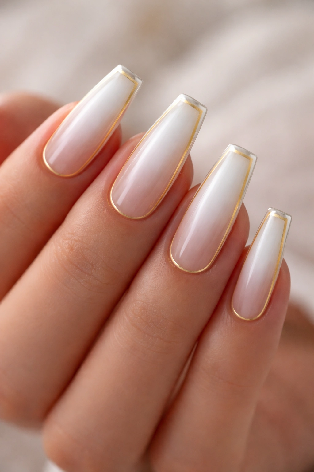 Close-up of coffin nails with a centered white aura and thin gold frame