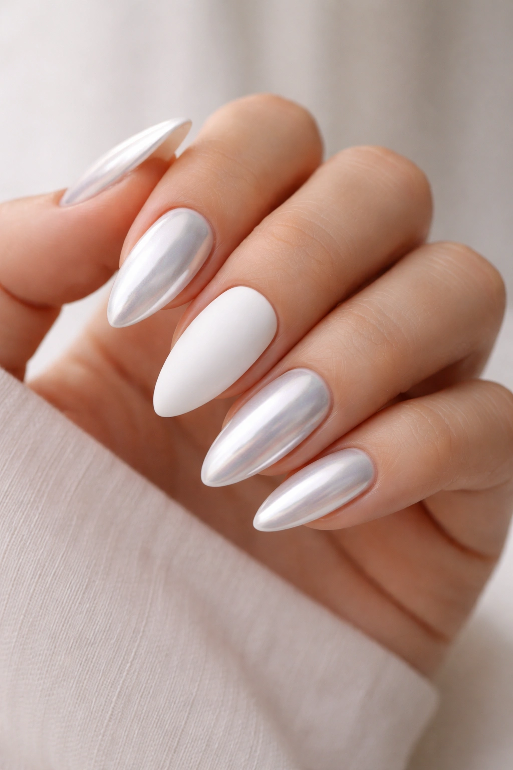 Almond nails with chrome finish and matte accent nails