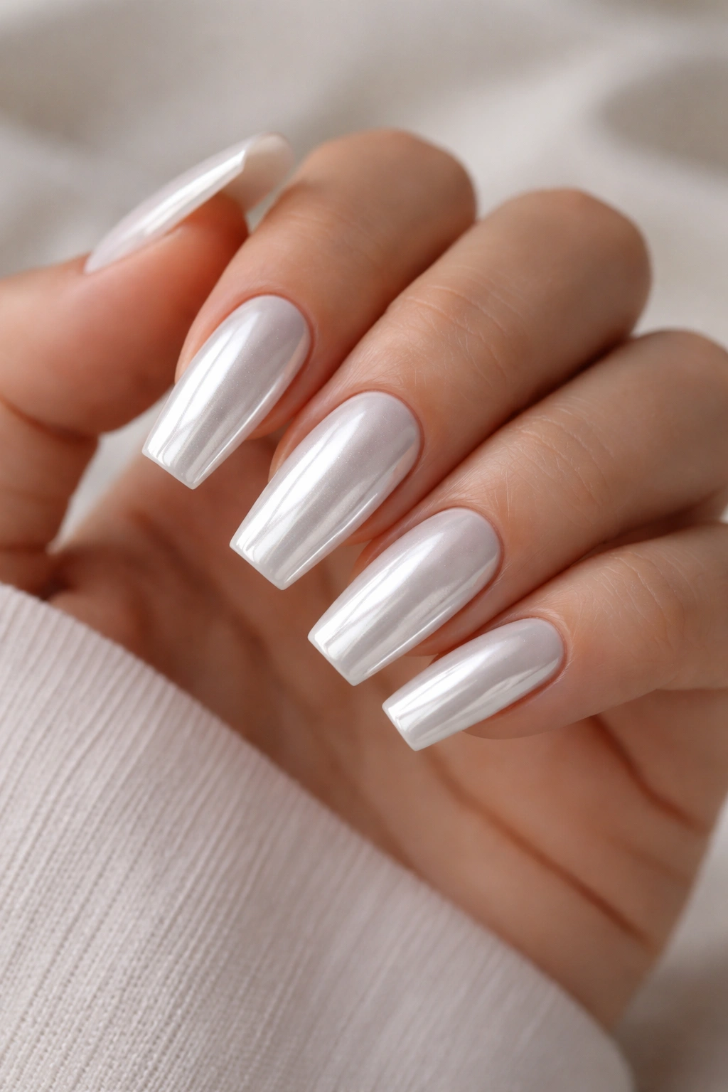 Medium-length white chrome coffin nails with blunt tips