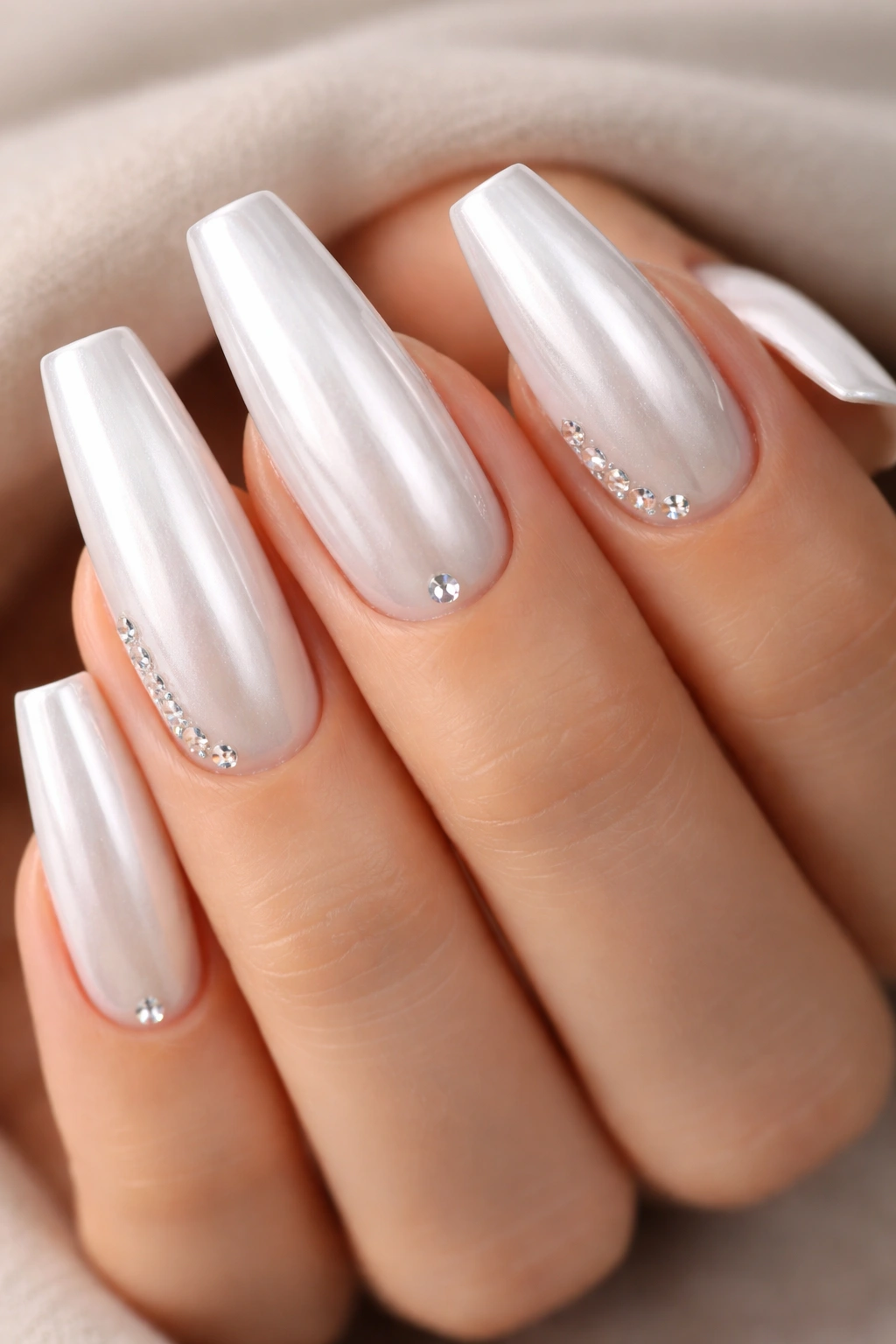 Close-up of white chrome coffin nails with tiny crystals at the cuticle
