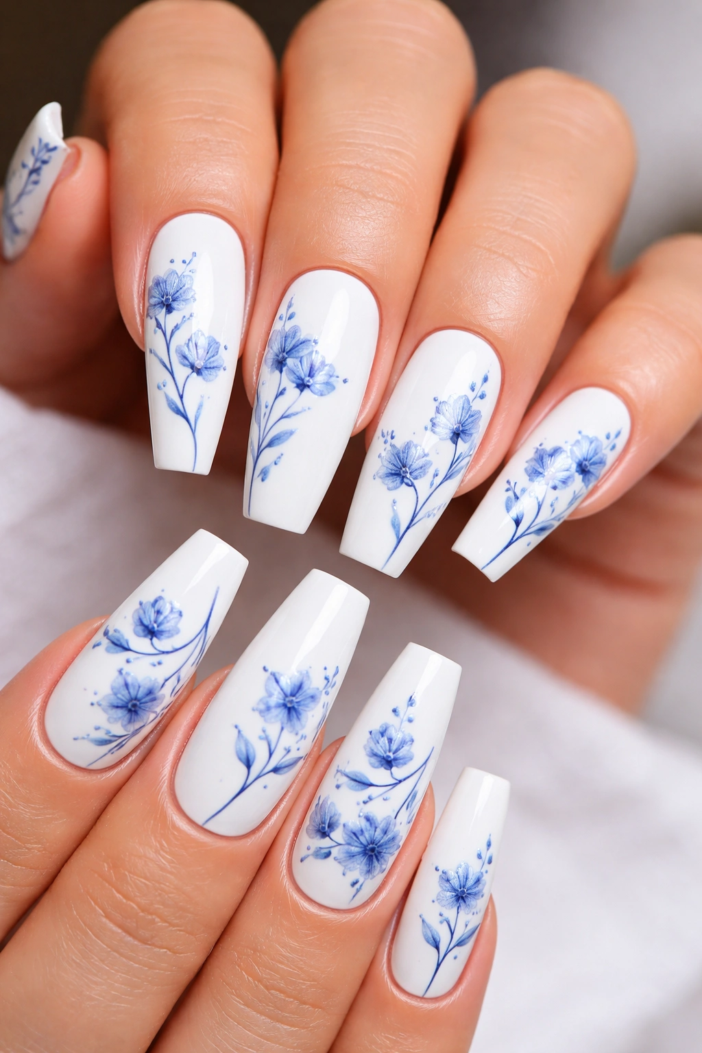 Close-up of crisp white coffin nails with blue porcelain floral line work on a white base.