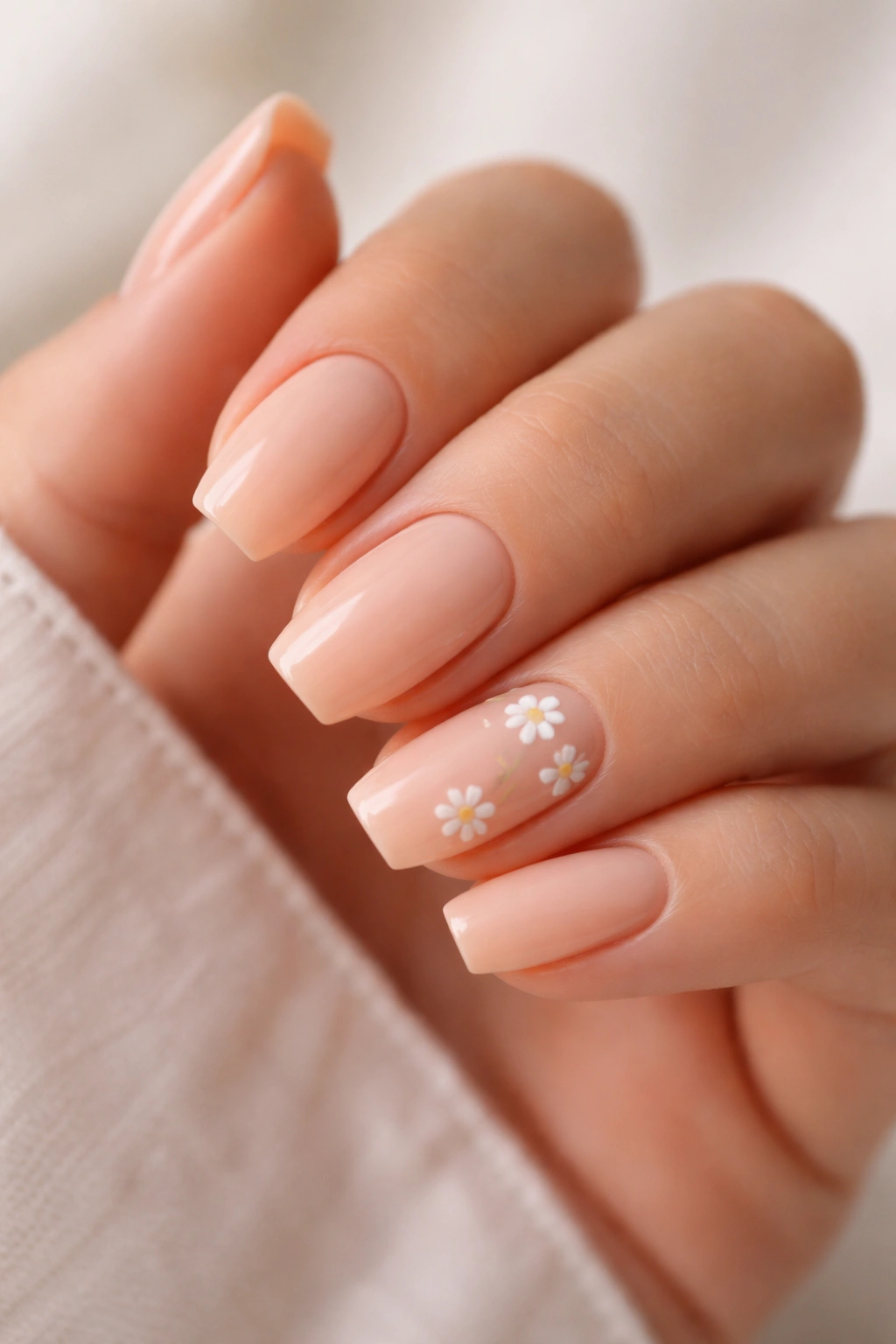 Peach nude coffin nails with tiny white daisies on two nails.