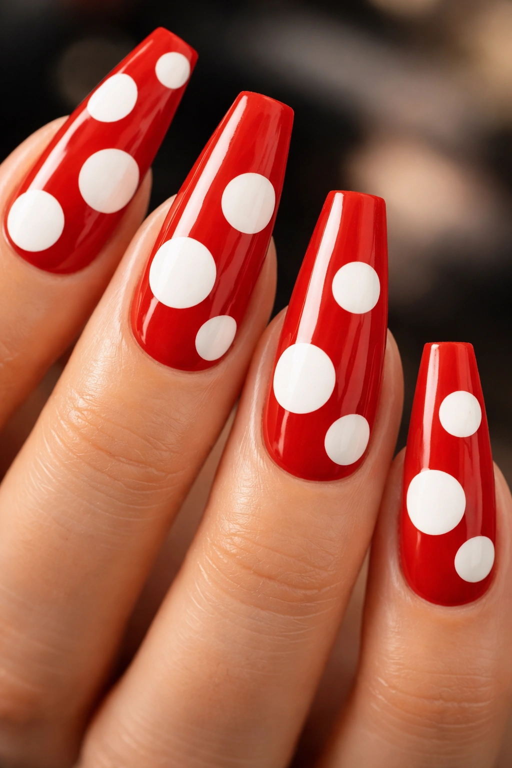 Coffin nails with large white dots on glossy red base