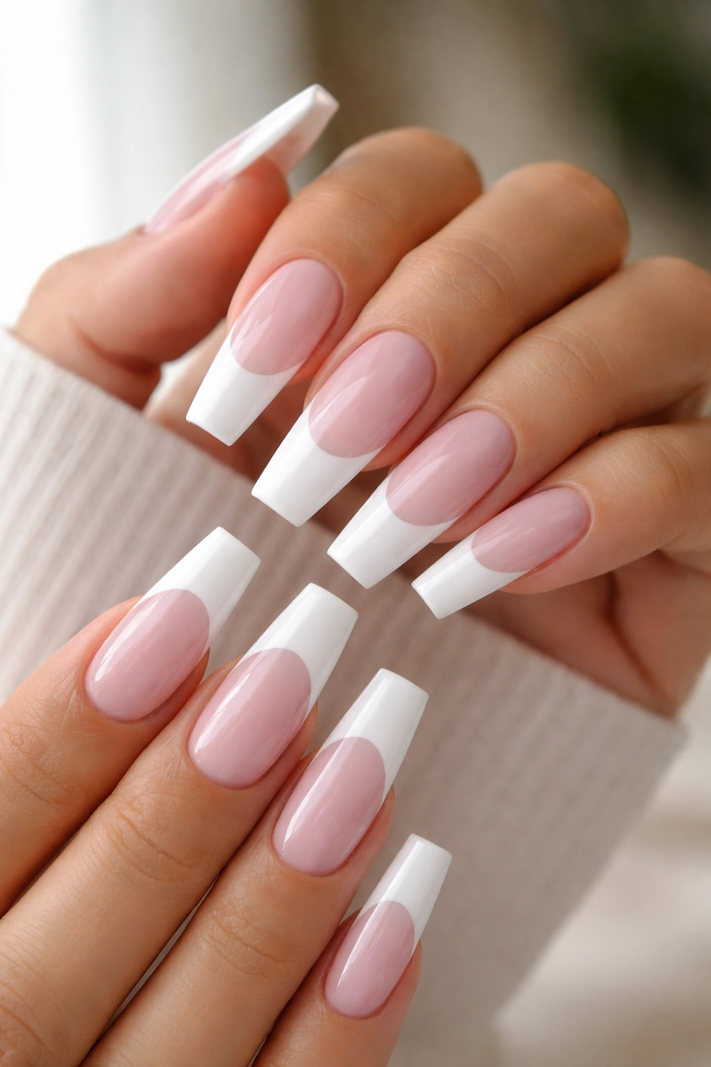 Close-up of coffin nails with white French tips on sheer pink base