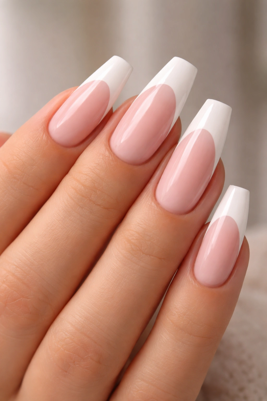 Close-up of white-tipped coffin nails on a pink base