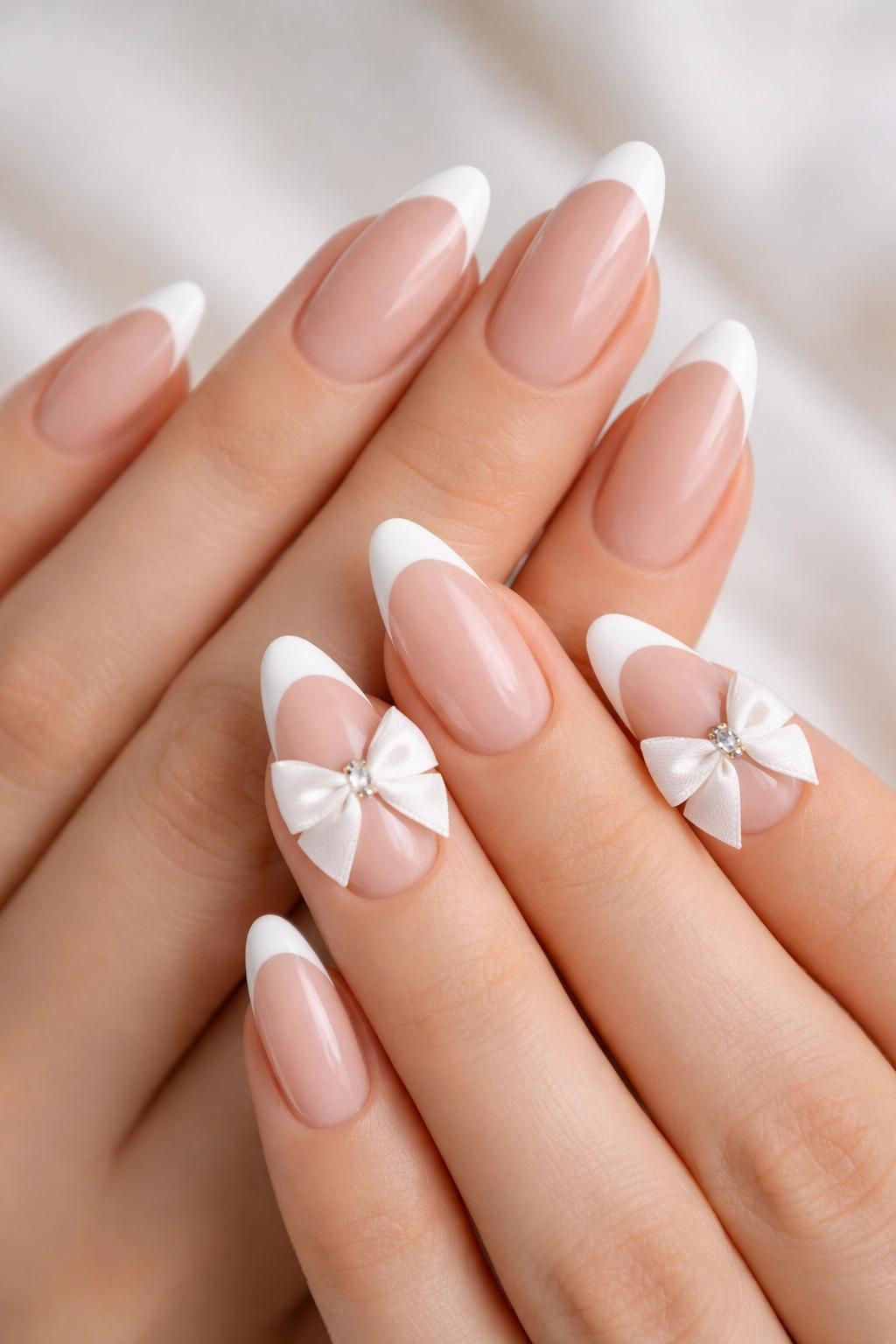Almond nails with thin white French tips and a satin bow accent on one nail