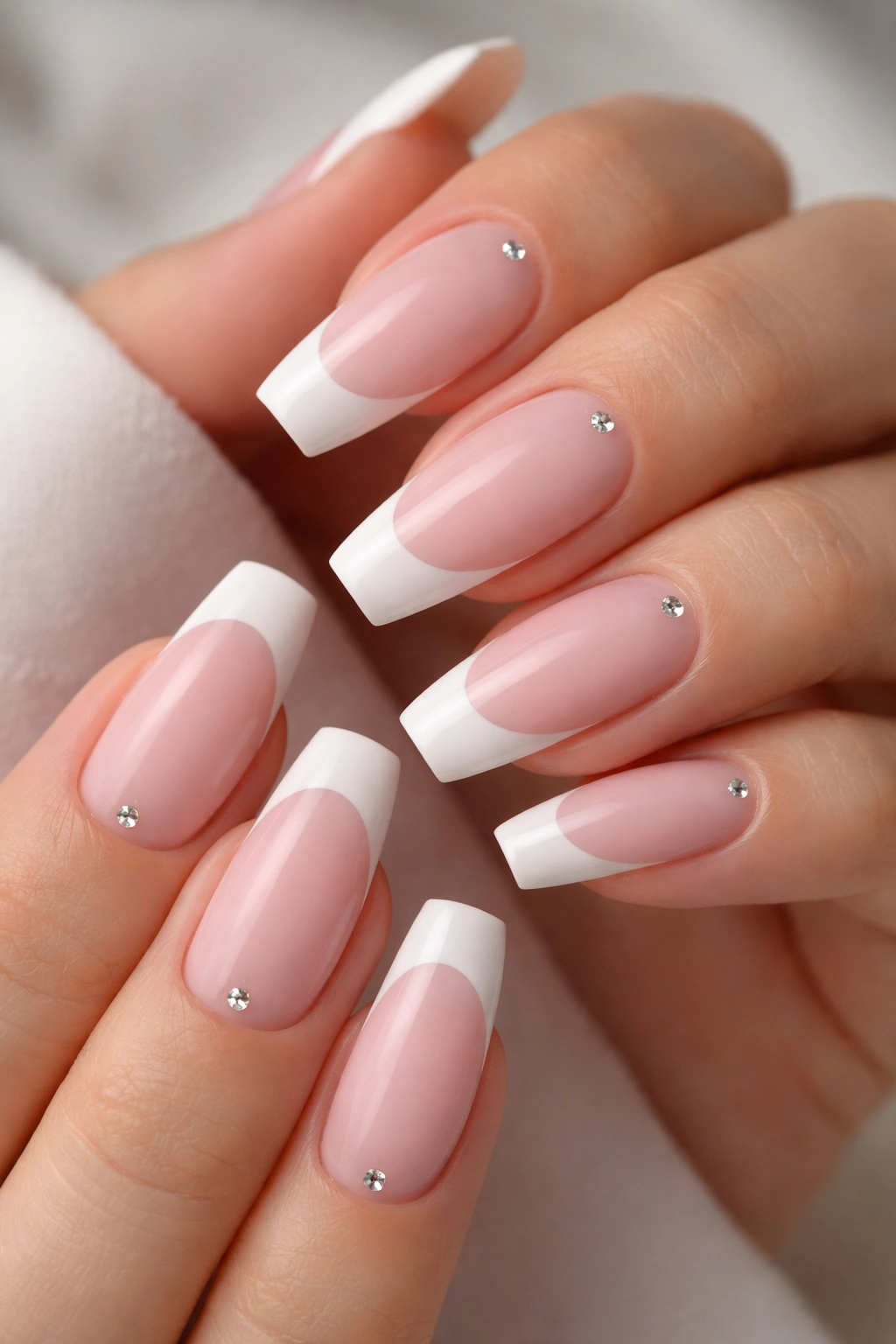 Close-up of nails with white French tips and tiny crystals near cuticle on a light-pink base