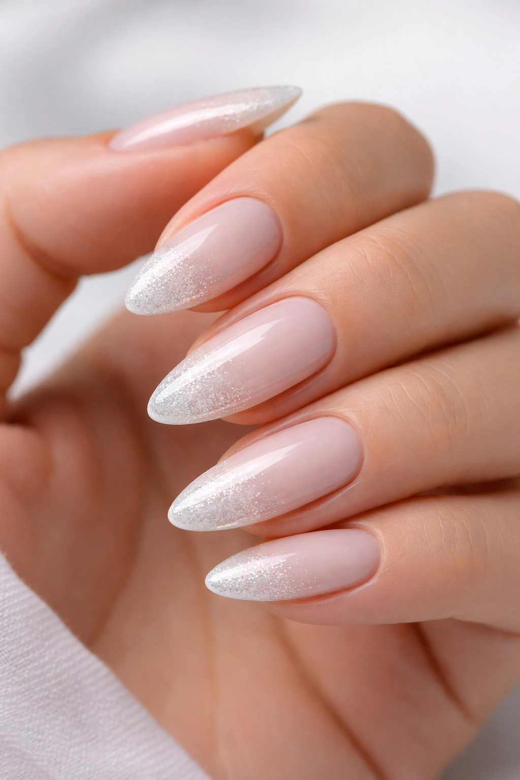 Close-up of white almond nails with fine glitter fade at tips