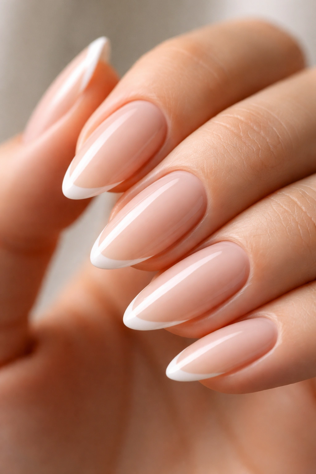 Close-up of almond fingernail with a slim white micro French tip on sheer pink base.