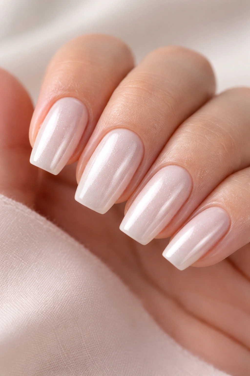 Close-up of white pearl coffin nails with milky base and pearl sheen on short shape