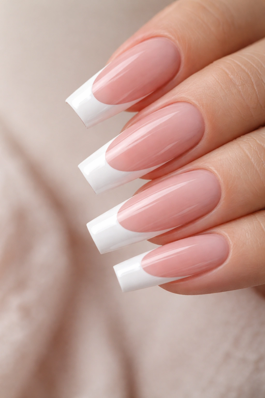 Close-up of coffin nails with a white layered French for a crisp smile line