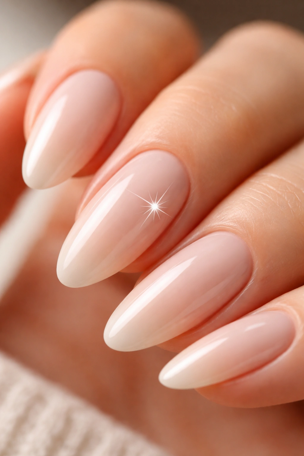 Close-up of an almond nail with a tiny white starburst accent near the tip on a nude base