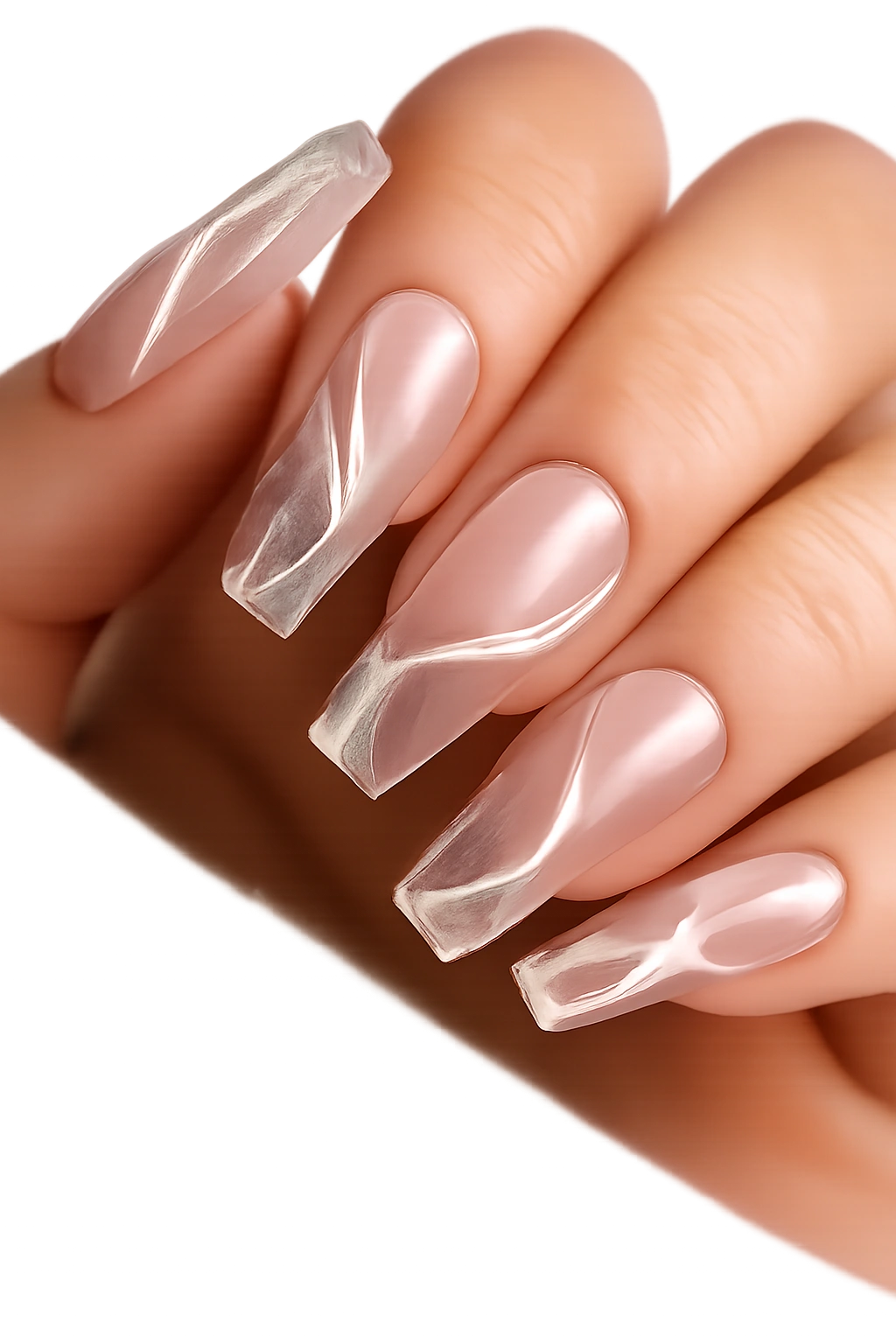 Close-up of clear coffin nails with thin white swirl lines and ample negative space