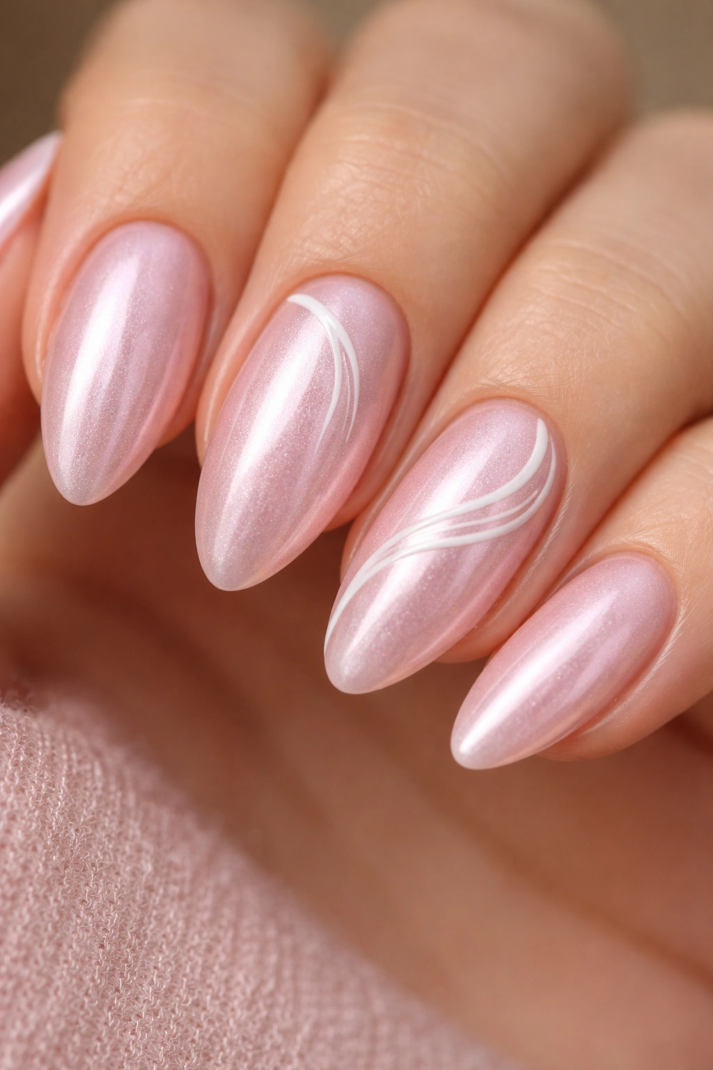 Almond nails with white swirl accents over pink chrome