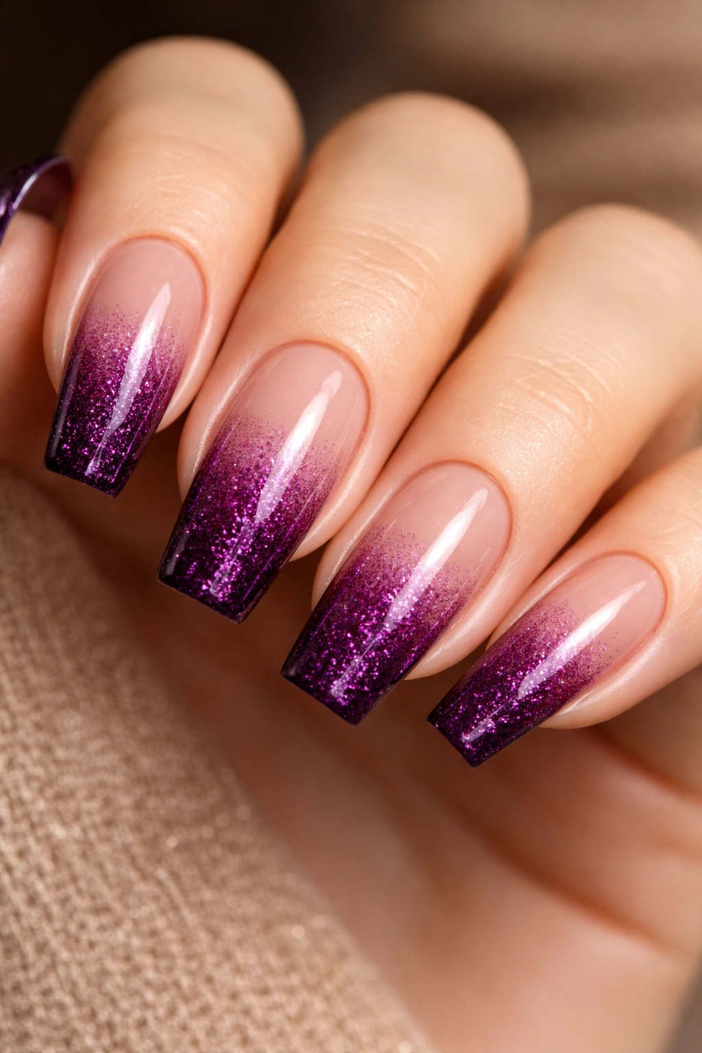 Wine purple coffin nails with tip glitter fade