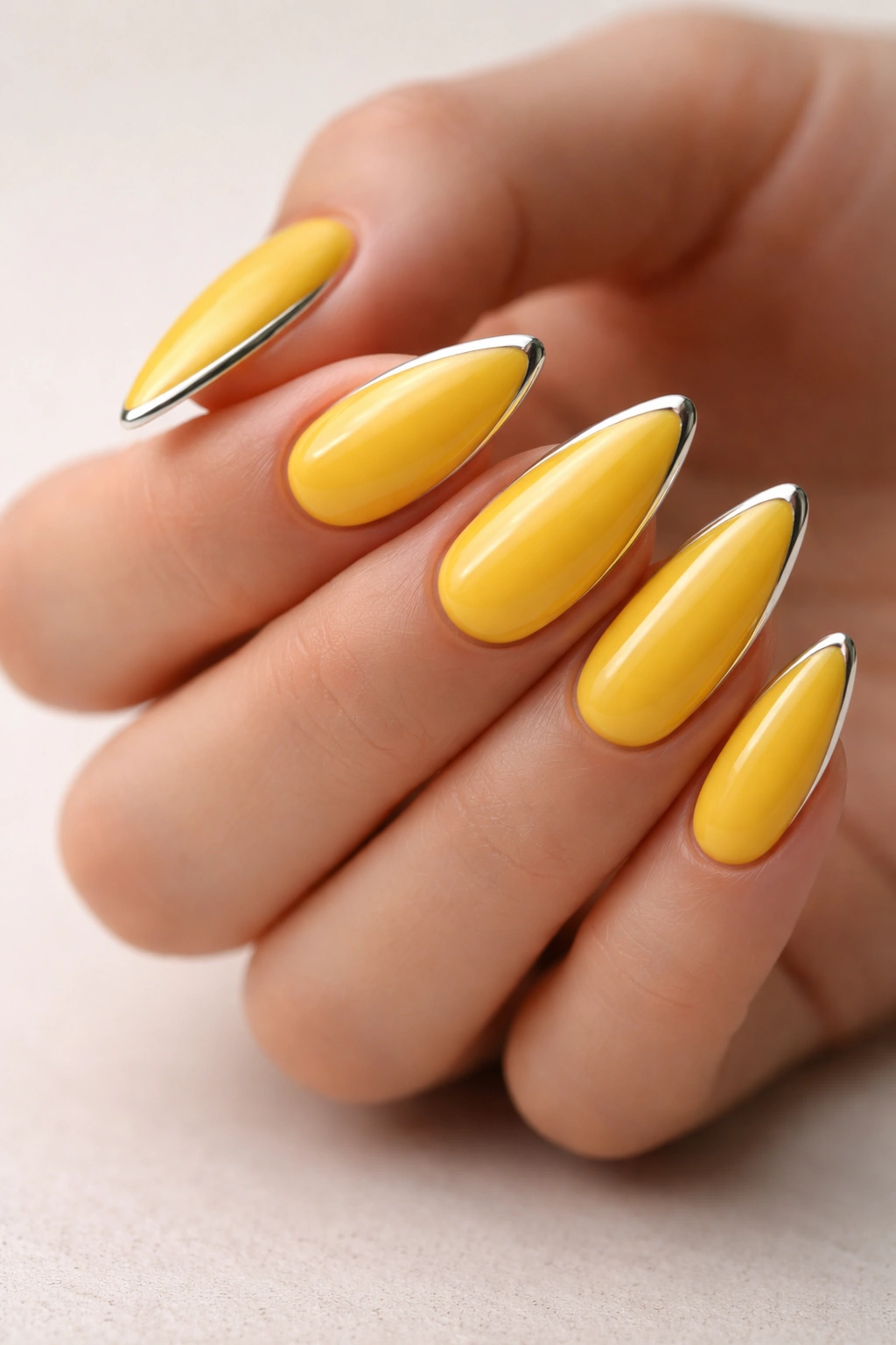 Close-up of yellow almond nails with a thin chrome outline and glossy finish