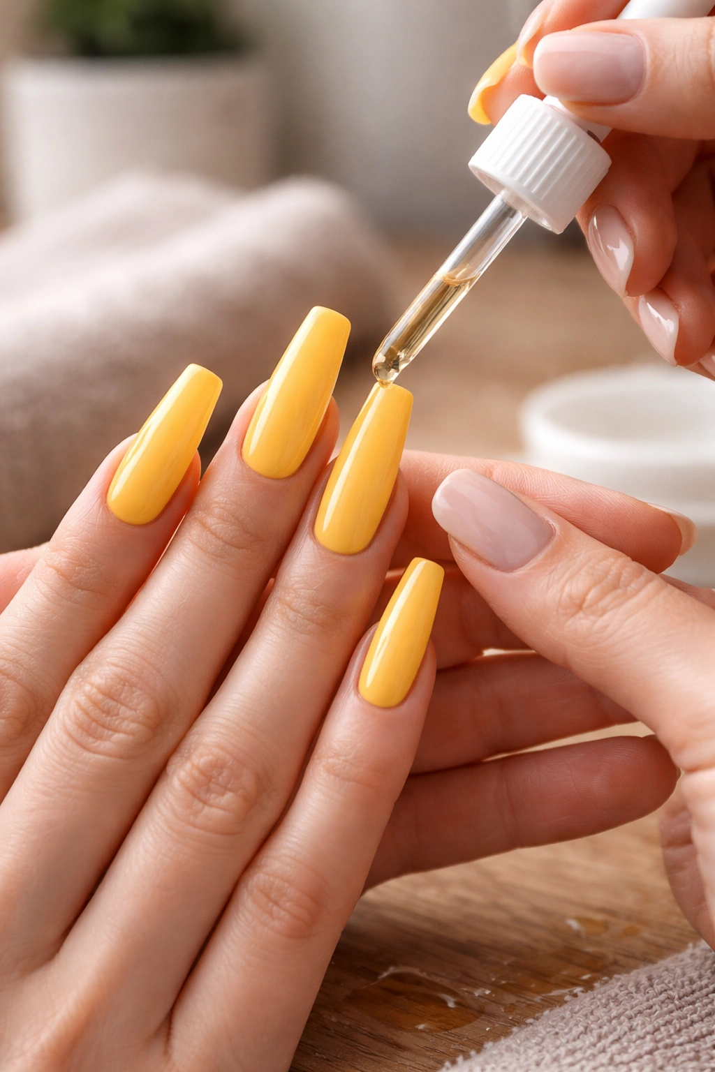 Hands with yellow coffin nails being cared for with cuticle oil