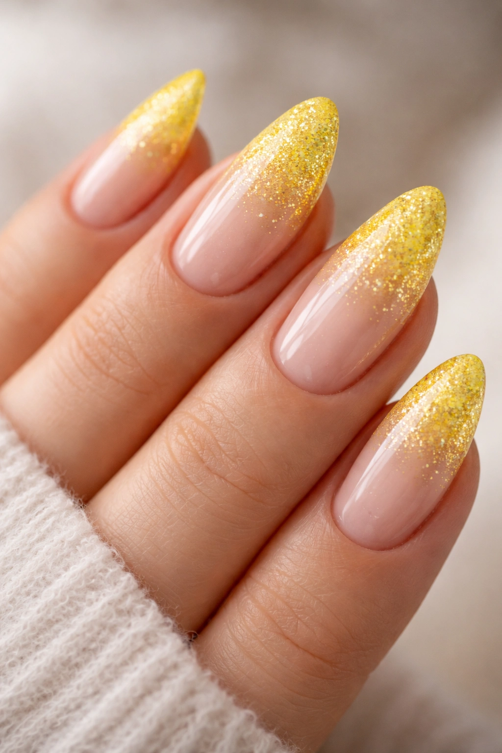 Almond nails with yellow glitter gradient at the tips