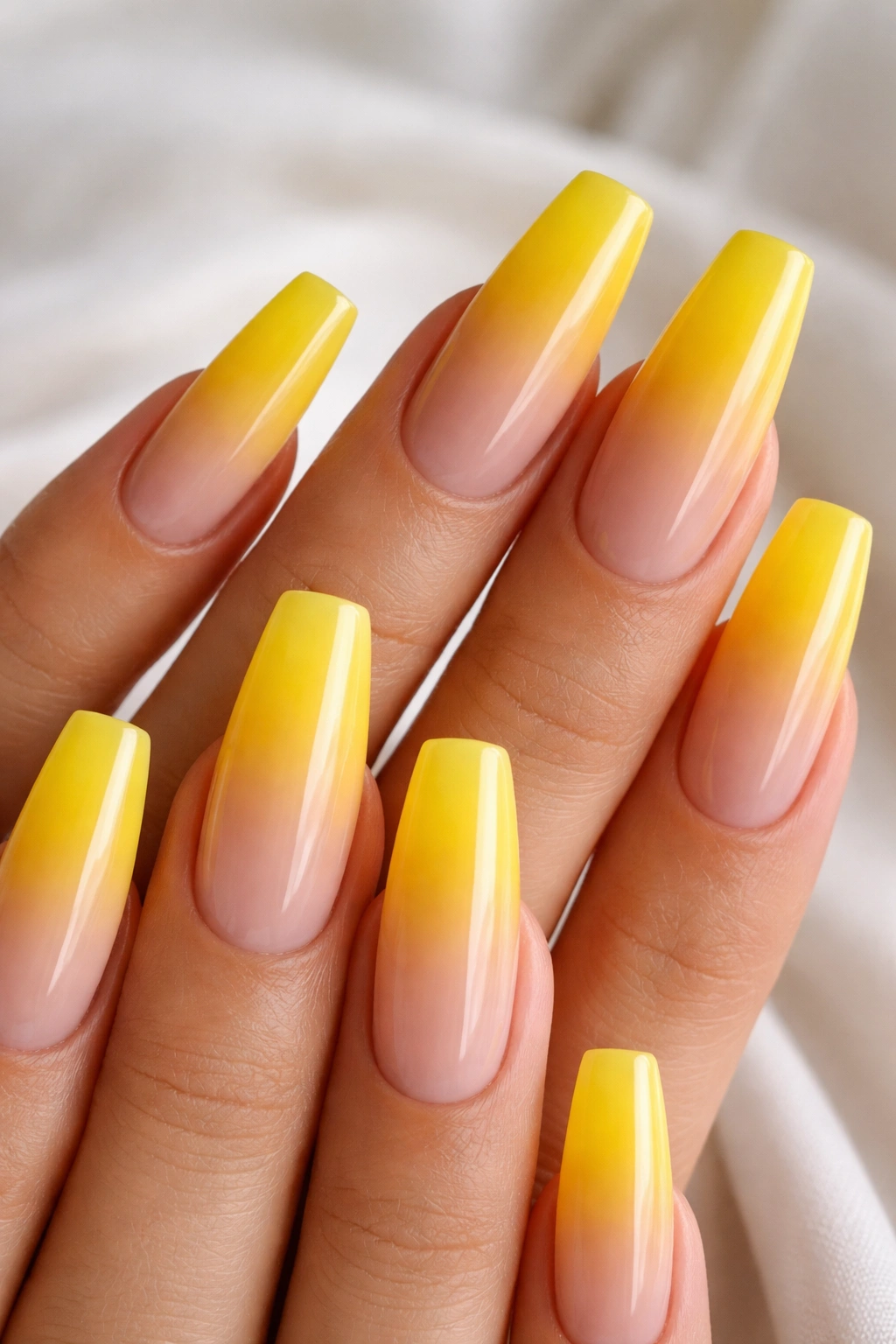 Yellow ombré fade coffin nails on nude base
