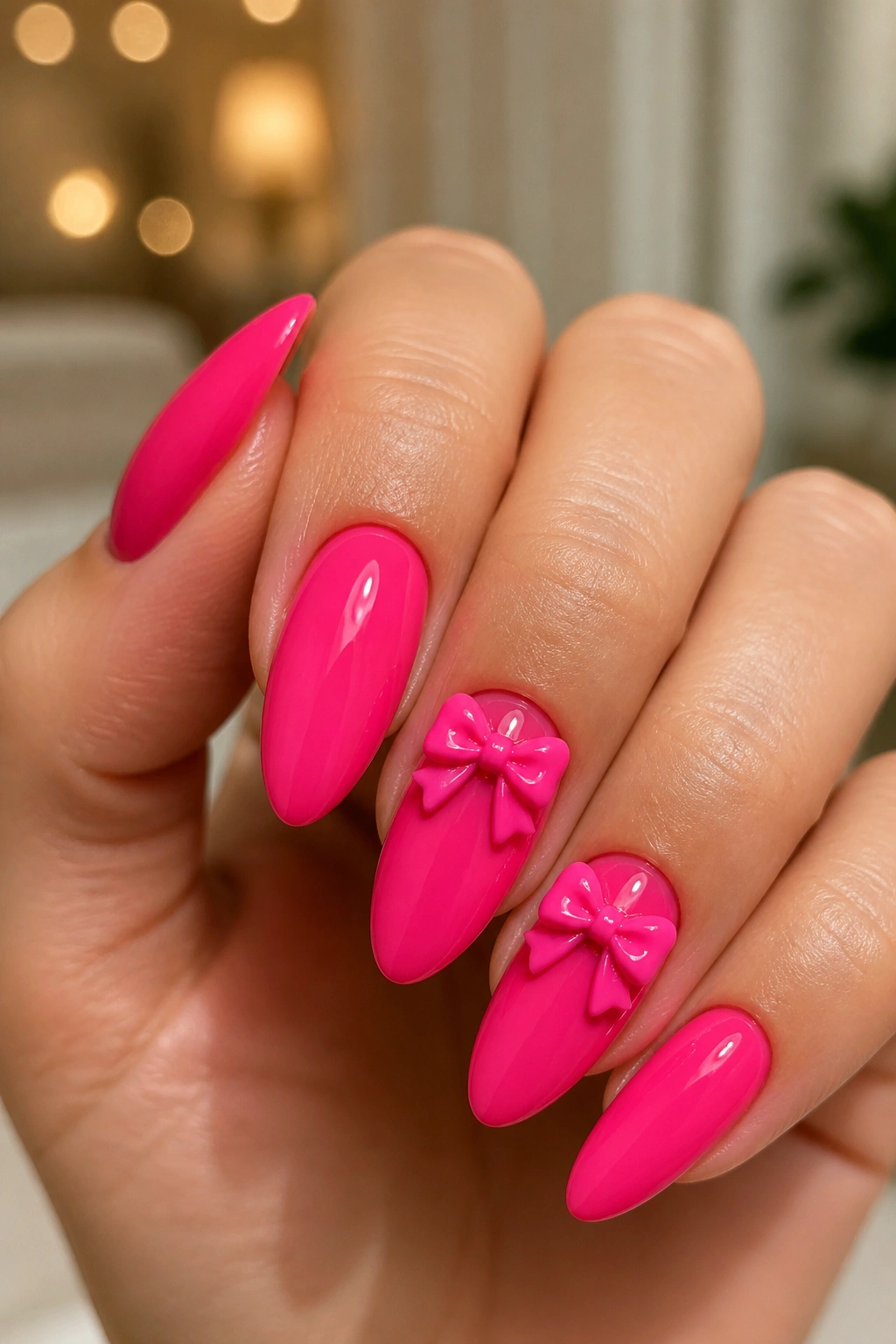 Close-up of a real hand featuring 3D bow accents on hot pink almond nails