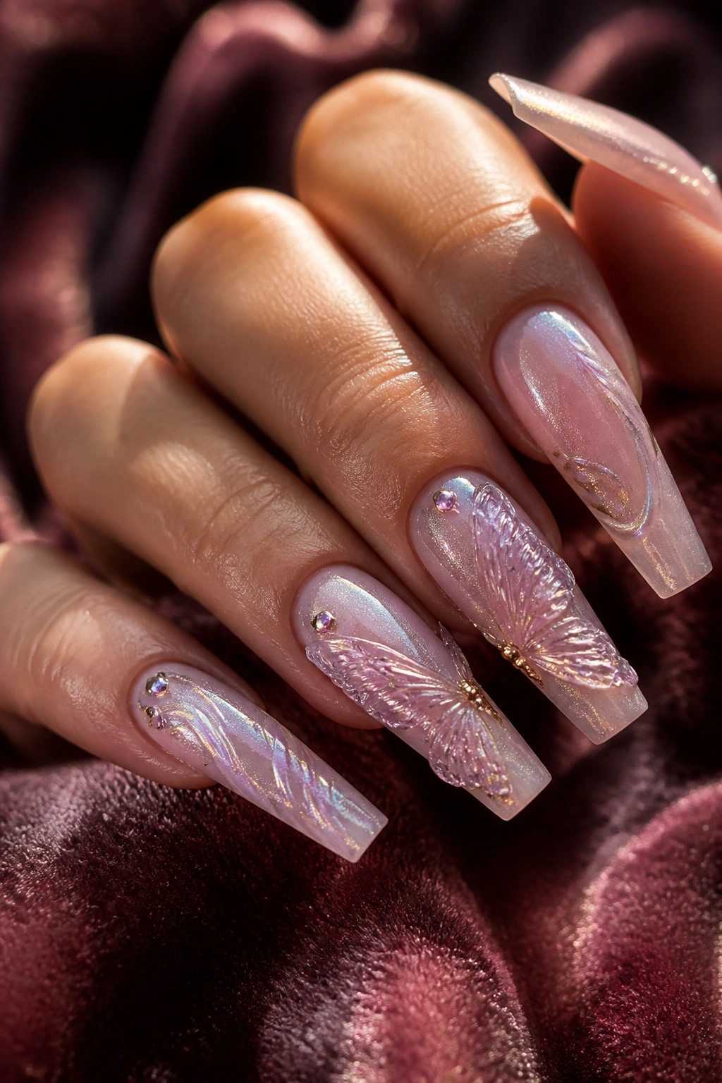 Close-up of 3D sculpted butterfly wings on coffin nails