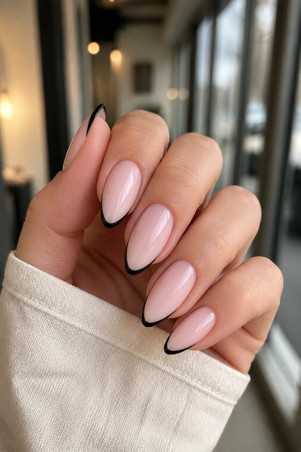 Almond nails with ultra-thin black tips on nude base