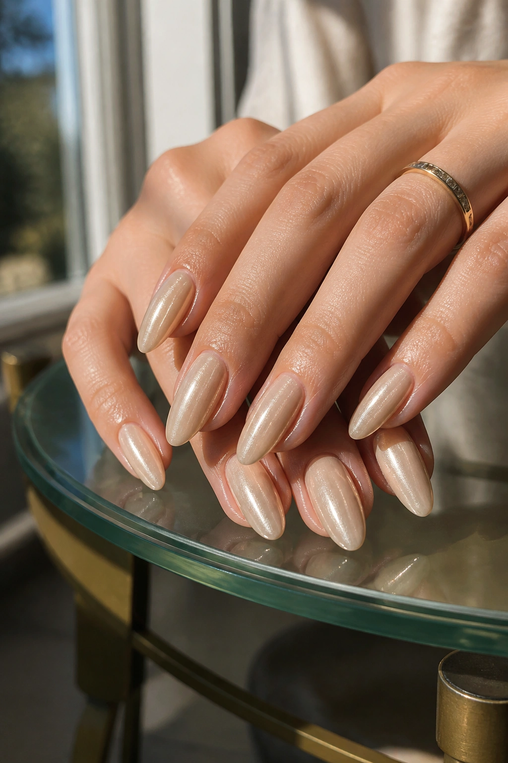 Close-up of champagne velvet chrome almond nails on a real hand