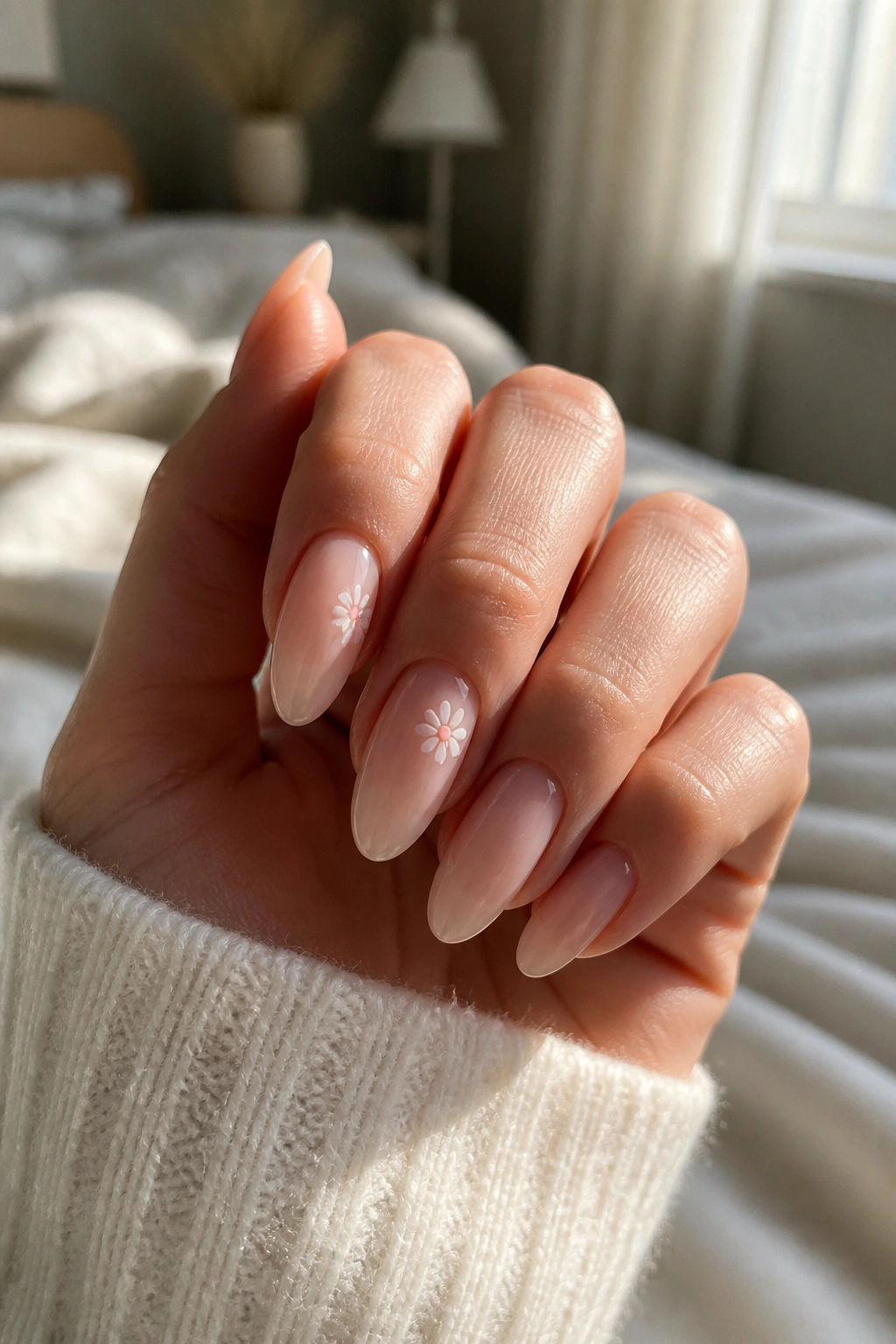 Close-up of almond nails with a sheer nude base and tiny off-center daisies