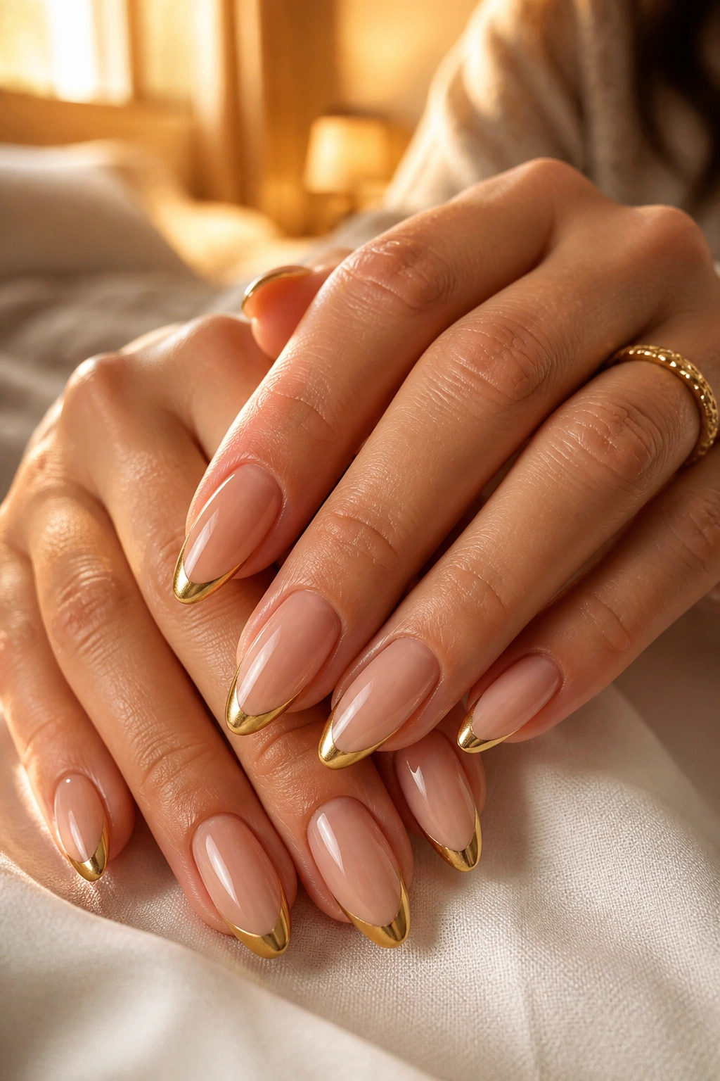 Close-up of real hands showing almond nails with gold French tips in warm bedroom light