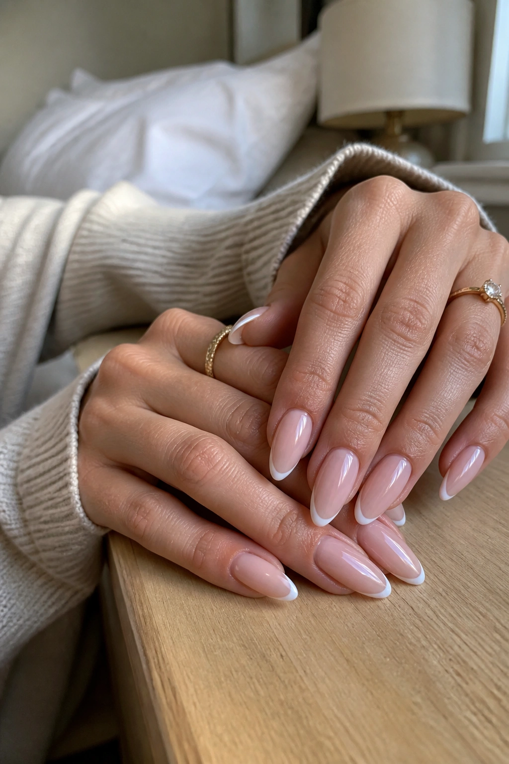 Close-up of milky nude almond nails with a slim white micro-French edge on a real person