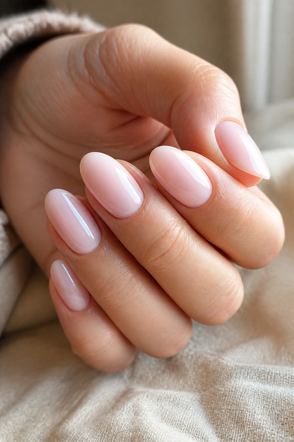 Close-up of milky pink almond nails on a real hand, nails dominating the frame