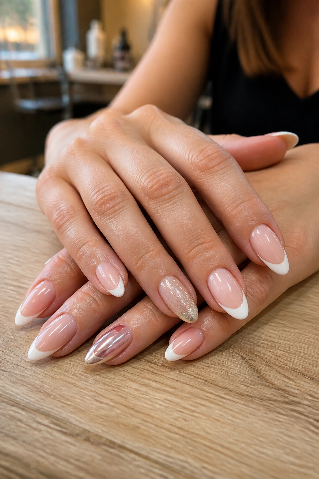 Close-up of almond nails with mixed French tips on a real person's hands in a nail salon