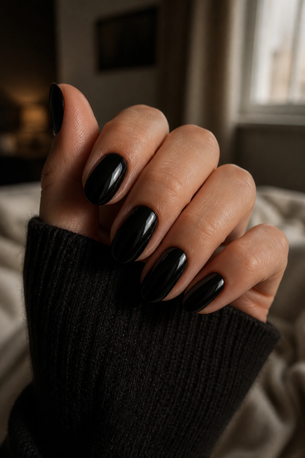 Close-up of short almond nails in glossy black with moody lighting