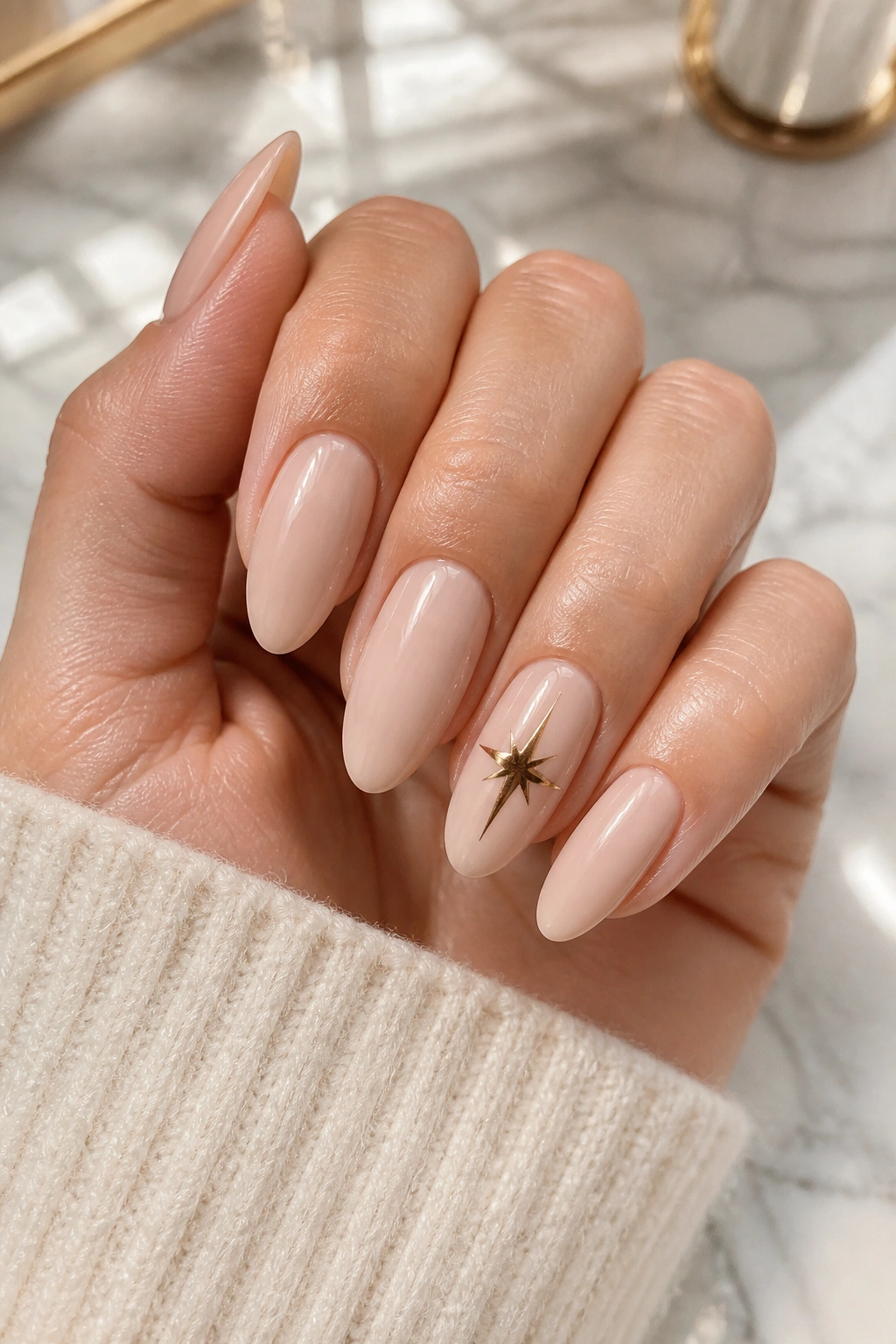 Close-up of a hand with almond nails in a satin nude finish and one star accent on the ring finger