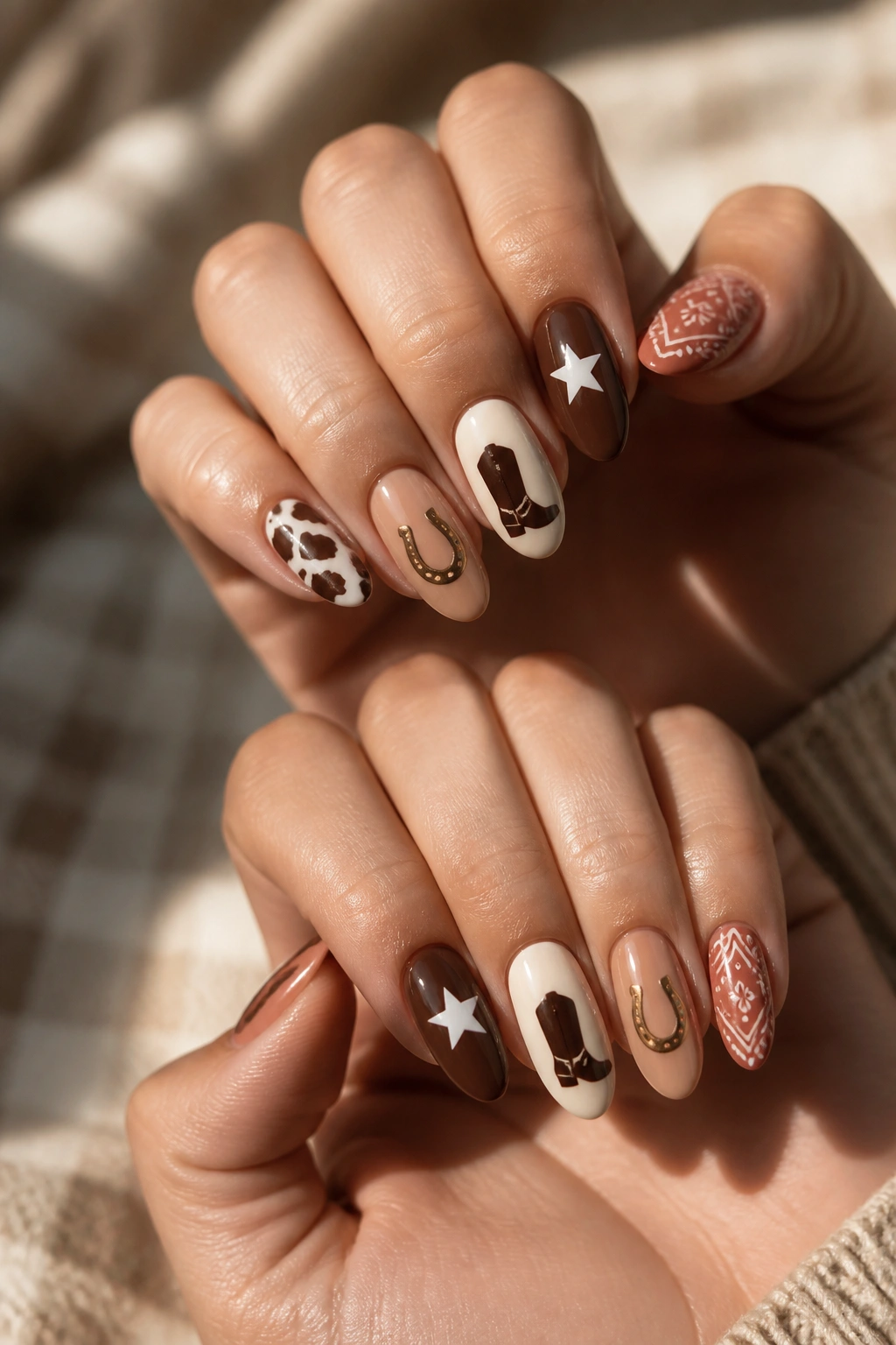 Close-up of almond nails with mixed rodeo motifs on real hands