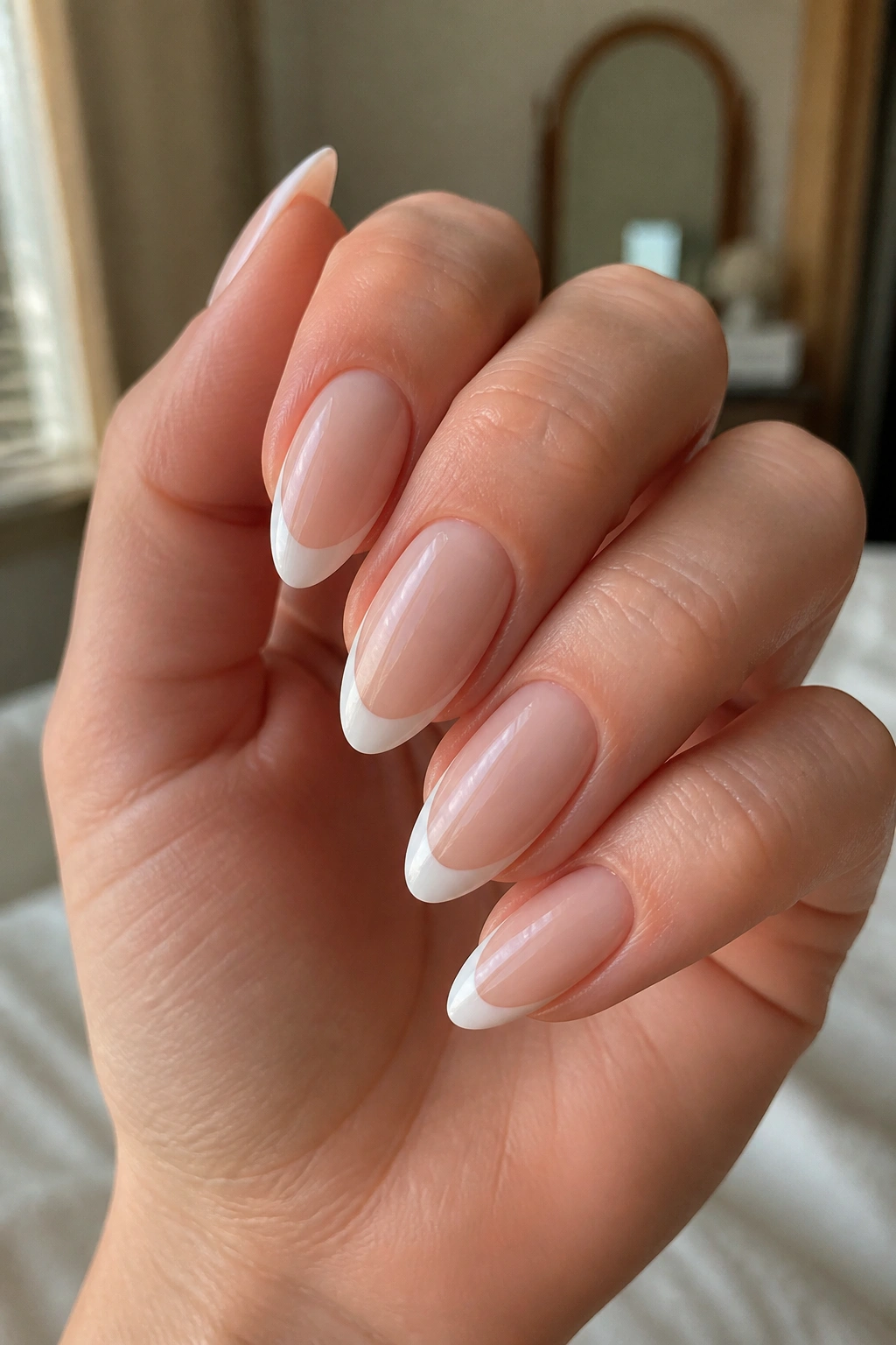 Close-up of a real hand with almond nails and white French tips in warm natural light