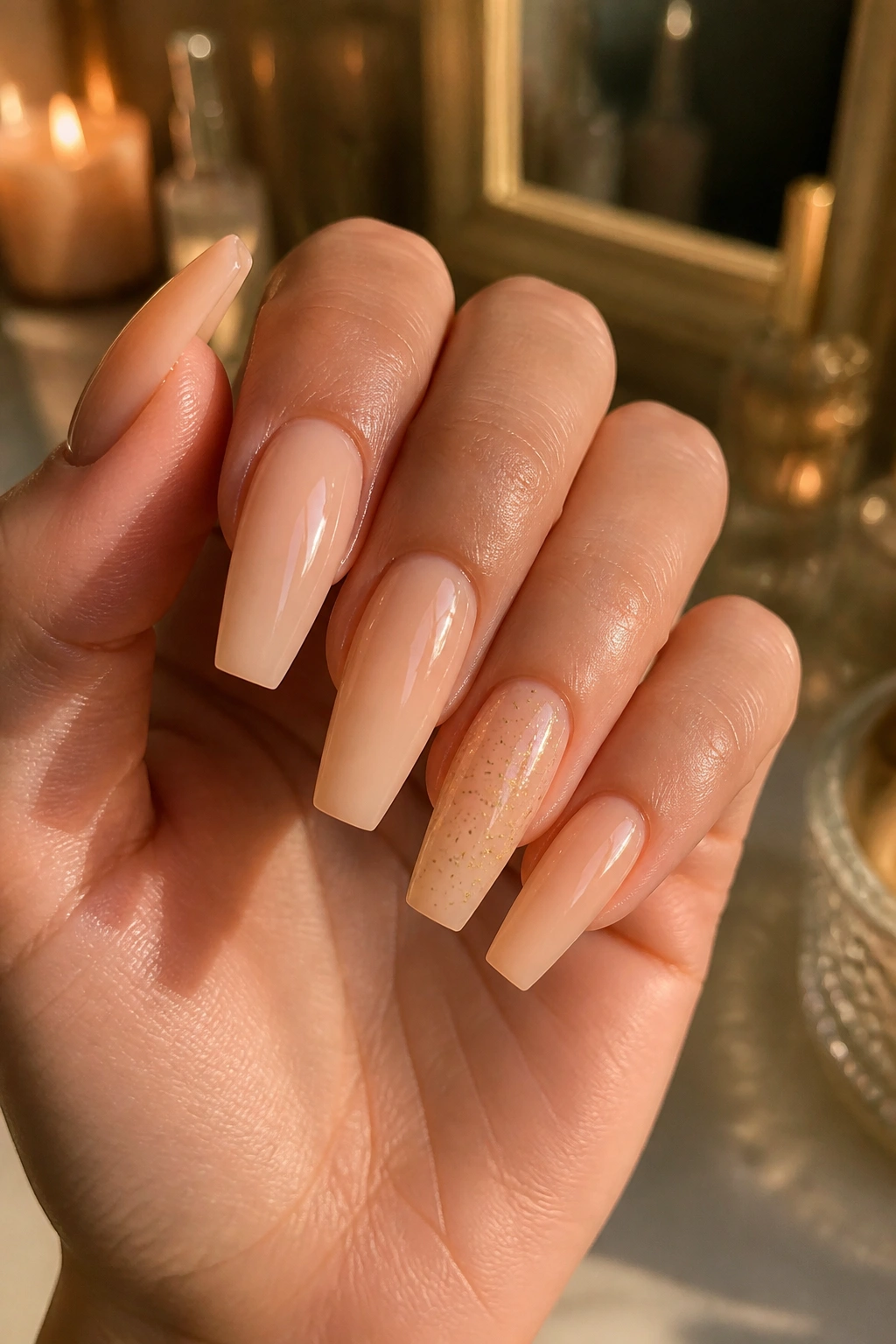 Real hand with apricot milk coffin nails and tiny gold flecks close-up