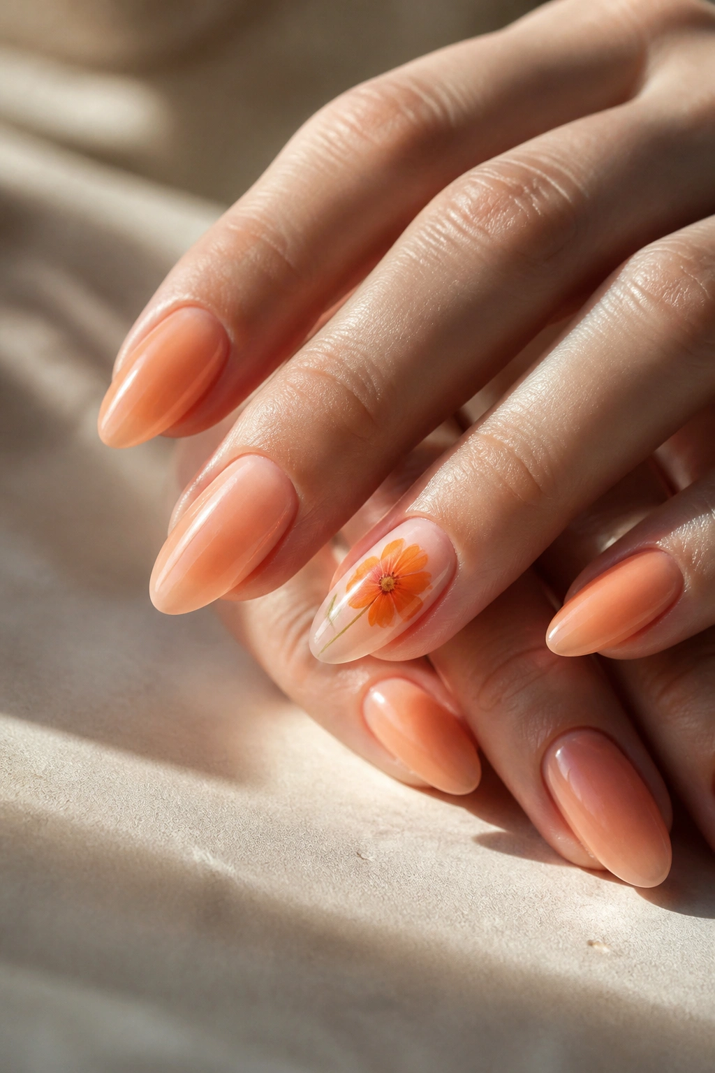 Almond nails with a single apricot poppy on an accent nail and sheer apricot wash on others