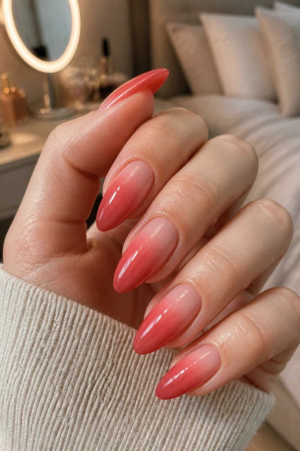 Soft red aura gradient on long almond nails