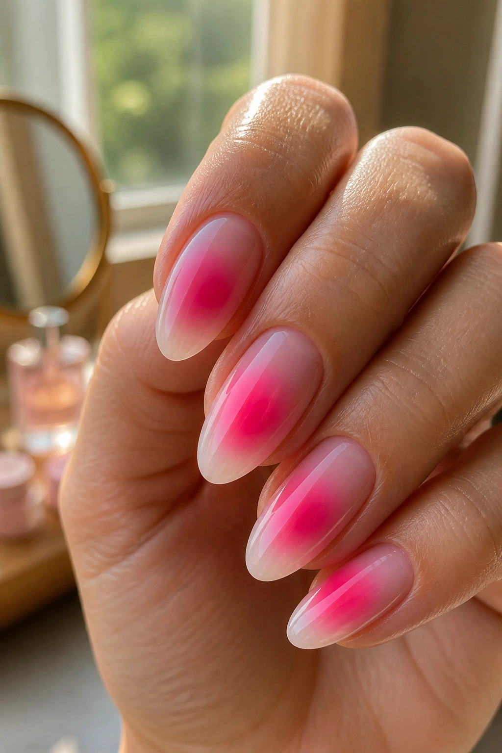 Close-up of Aura Glow Hot Pink Almond Nails on a real hand with a luminous center